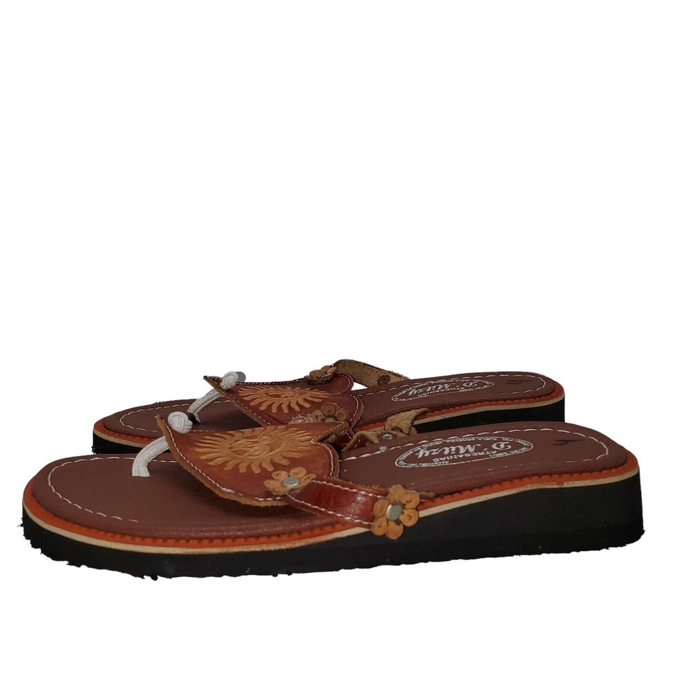 Mexican Atresanias Women’s Brown Leather Carved Sun Sandals, Size 6.5